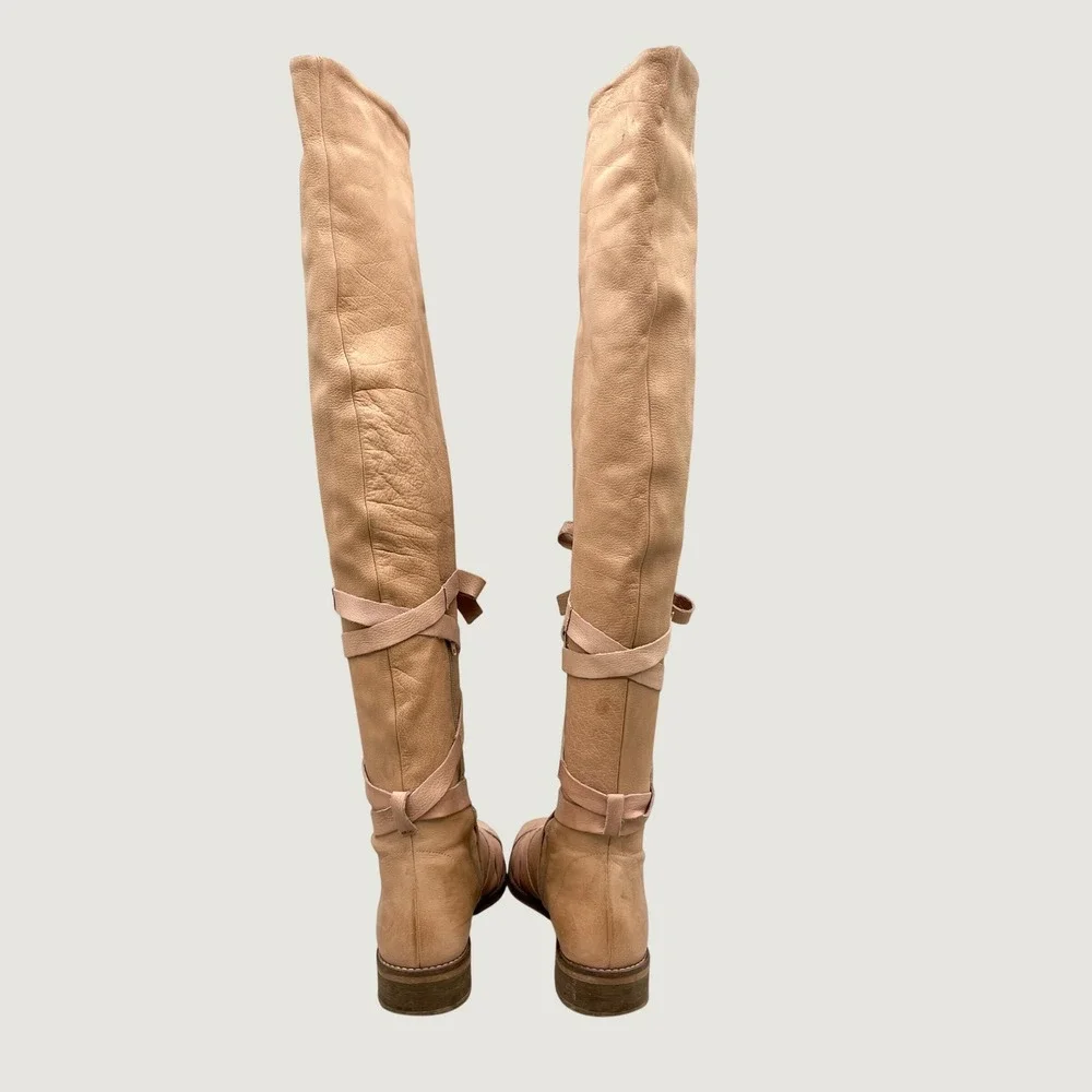 Free People Womens 37 6.5 West End Over The Knee Boots Camel Leather Gladiator